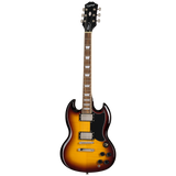 Full frontal of Epiphone SG Tribute Plus Vintage Sunburst.