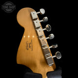 Back of headstock of Used 2024 Squier Bass VI FSR Purple TSS7704.