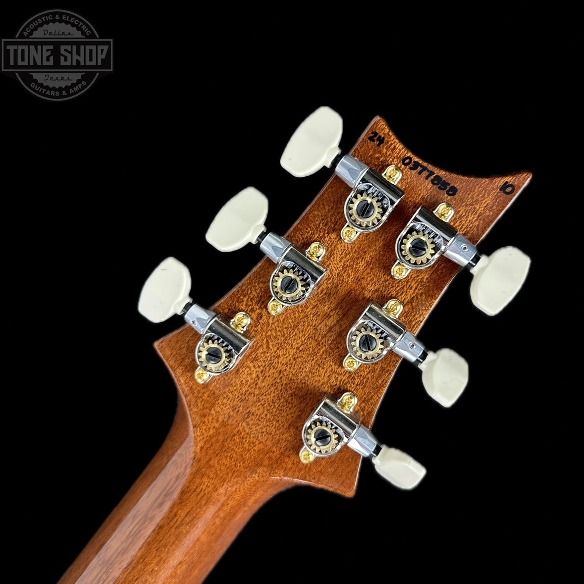 Back of headstock of PRS Paul Reed Smith Hollowbody II Piezo 10-Top Flame Maple Yellow Tiger.