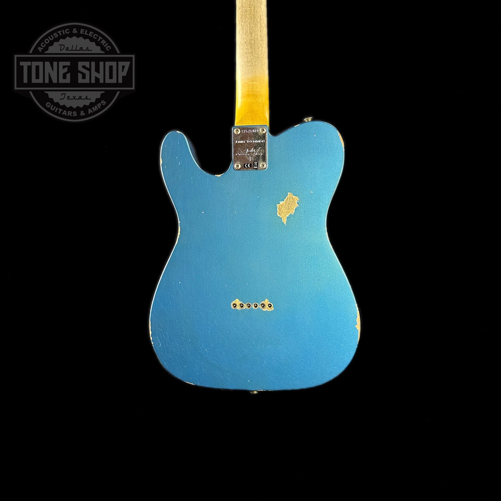 Back of body of Fender Custom Shop Limited Edition '64 Tele Relic Aged Lake Placid Blue.