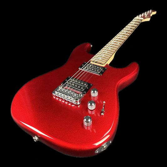 Front angle of G&L USA Legacy HH RMC Empress Candy Apple Red Metallic Matching Headstock.