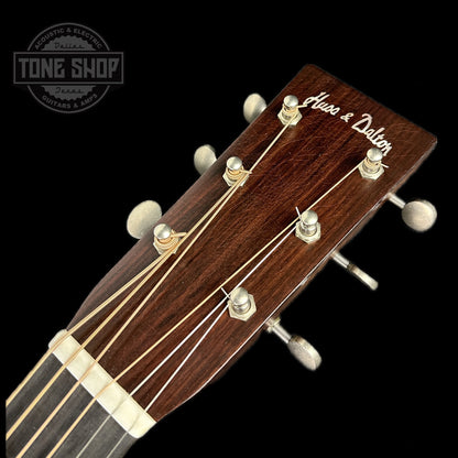 Front of headstock of Huss & Dalton Stageworn Relic TD-R Custom Thermo-cured Adirondack/Wavy East Indian Rosewood.