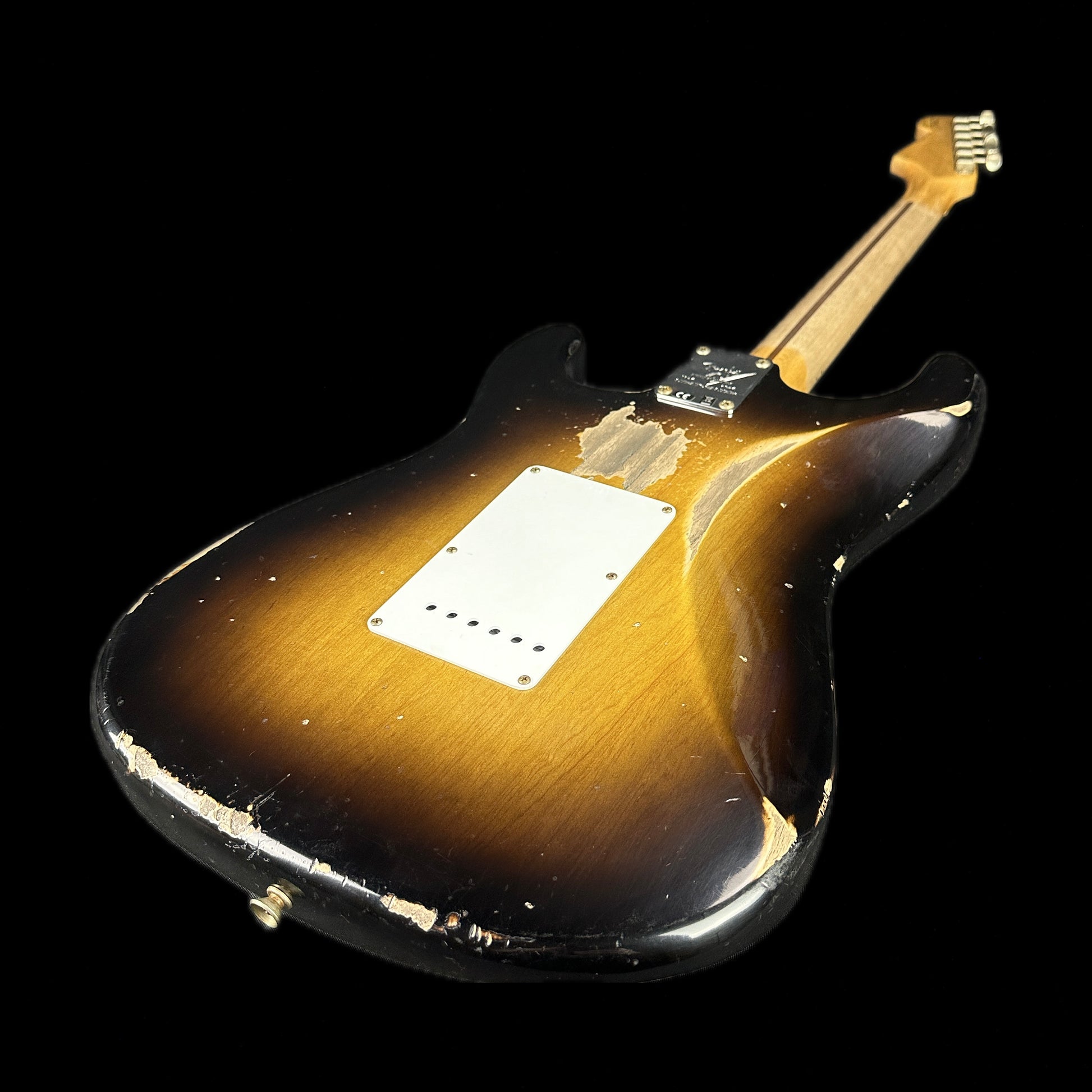Back angle of Fender Custom Shop LTD 70th Anniversary 1954 Stratocaster Heavy Relic 2-Color Sunburst.