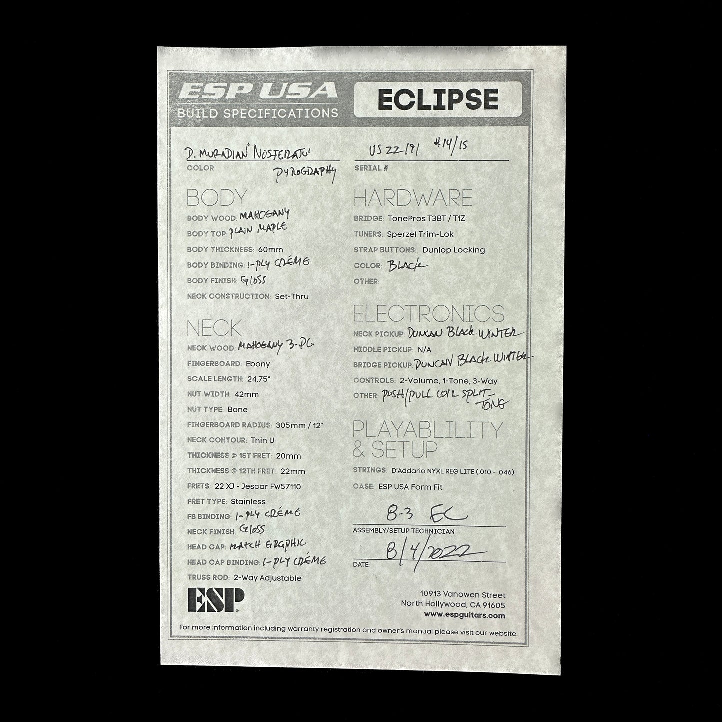 Spec sheet for ESP USA Nosferatu Limited Edition Pyrograph Series.