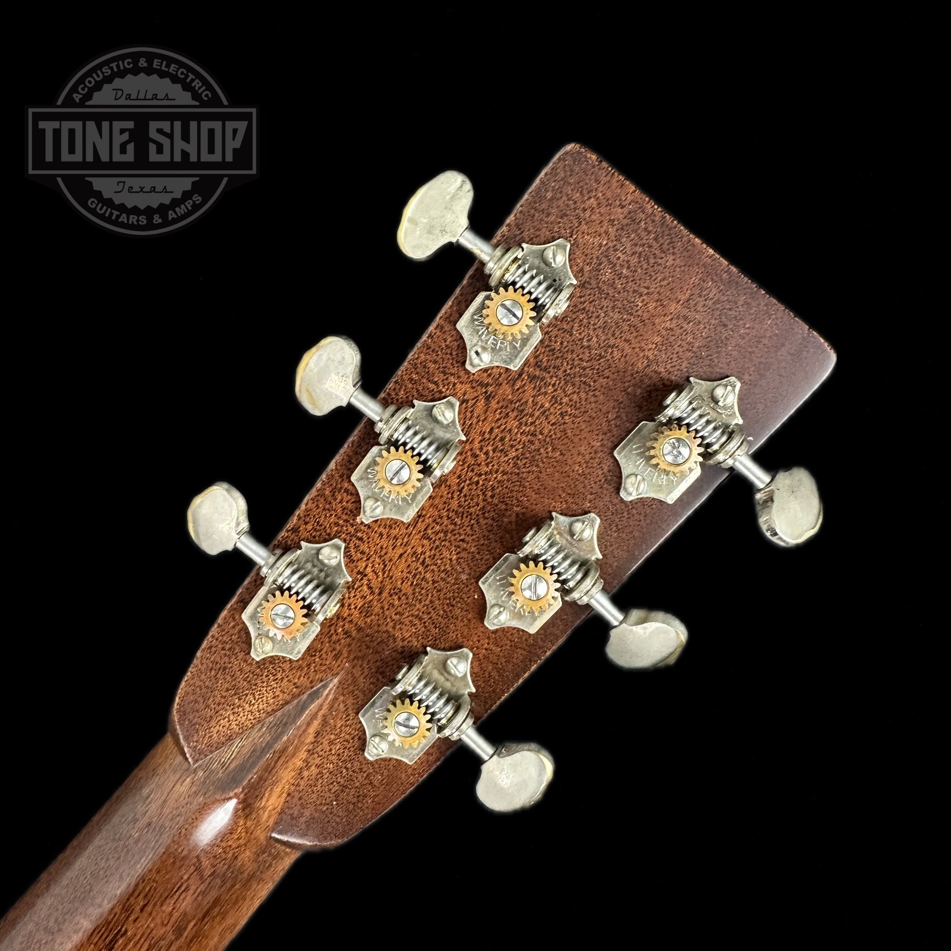 Back of headstock of Used Martin Custom Shop D-28 Authentic 1937 Ambertone w/Stage 1 Aging.
