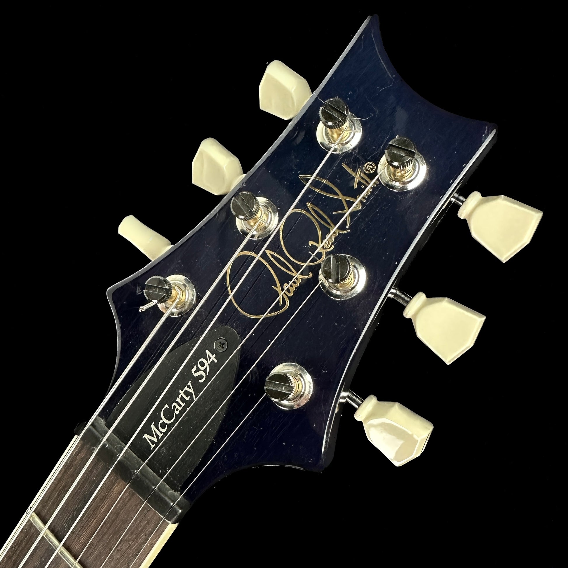 Front of headstock of Used PRS S2 McCarty 594 Singlecut Whale Blue.