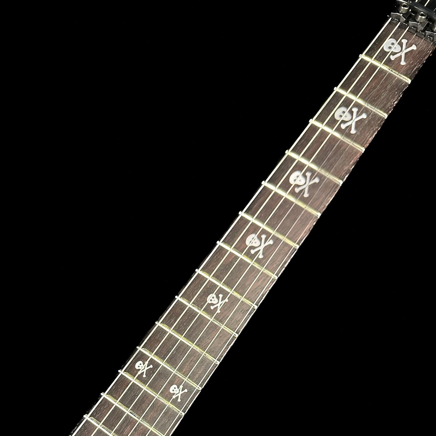 Close up of ESP KH-2 Vintage Kirk Hammett Signature Series Distressed Black fretboard.