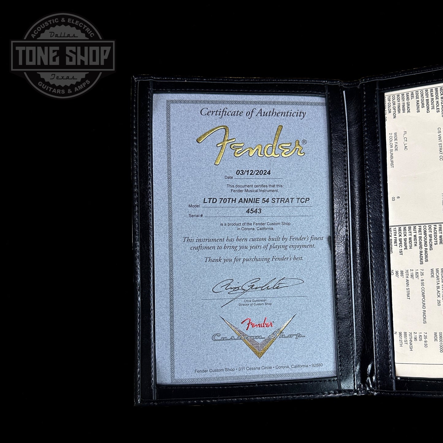 Certificate for Fender Custom Shop LTD 70th Anniversary 1954 Stratocaster Time Capsule 2-Color Sunburst.