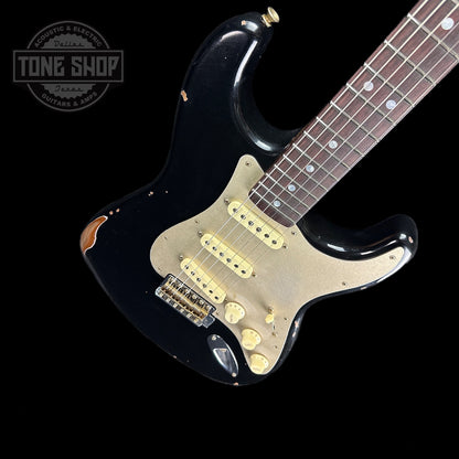 Front angle of Fender Custom Shop 2023 Collection Ltd Roasted Big Head Strat Relic Aged Black.
