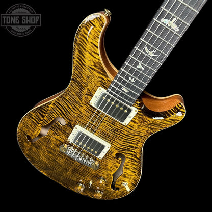 Front angle of PRS Paul Reed Smith Hollowbody II Piezo 10-Top Flame Maple Yellow Tiger.