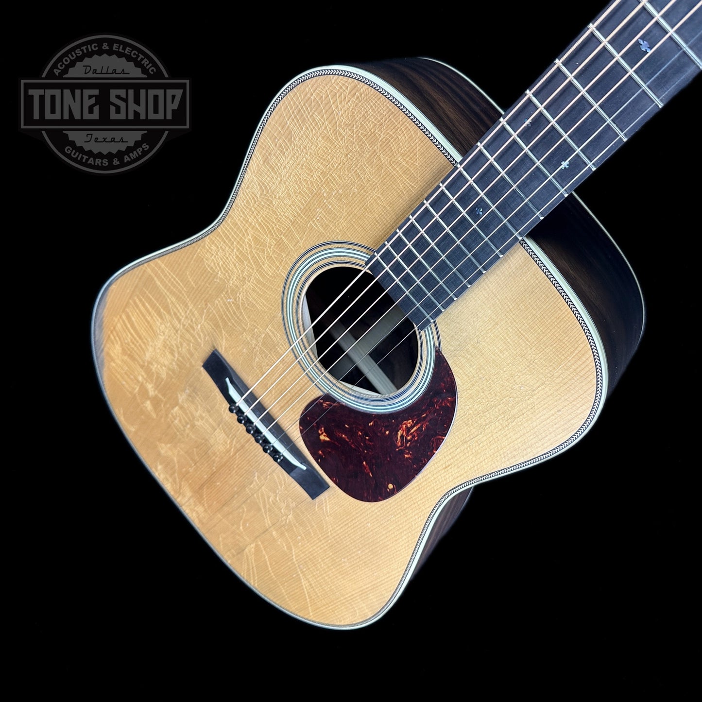Front angle of Huss & Dalton Stageworn Relic TD-R Custom Thermo-cured Adirondack/Wavy East Indian Rosewood.