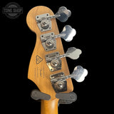 Back of headstock of Used Squier FSR Contemporary Active Jazz Bass Flat Black.