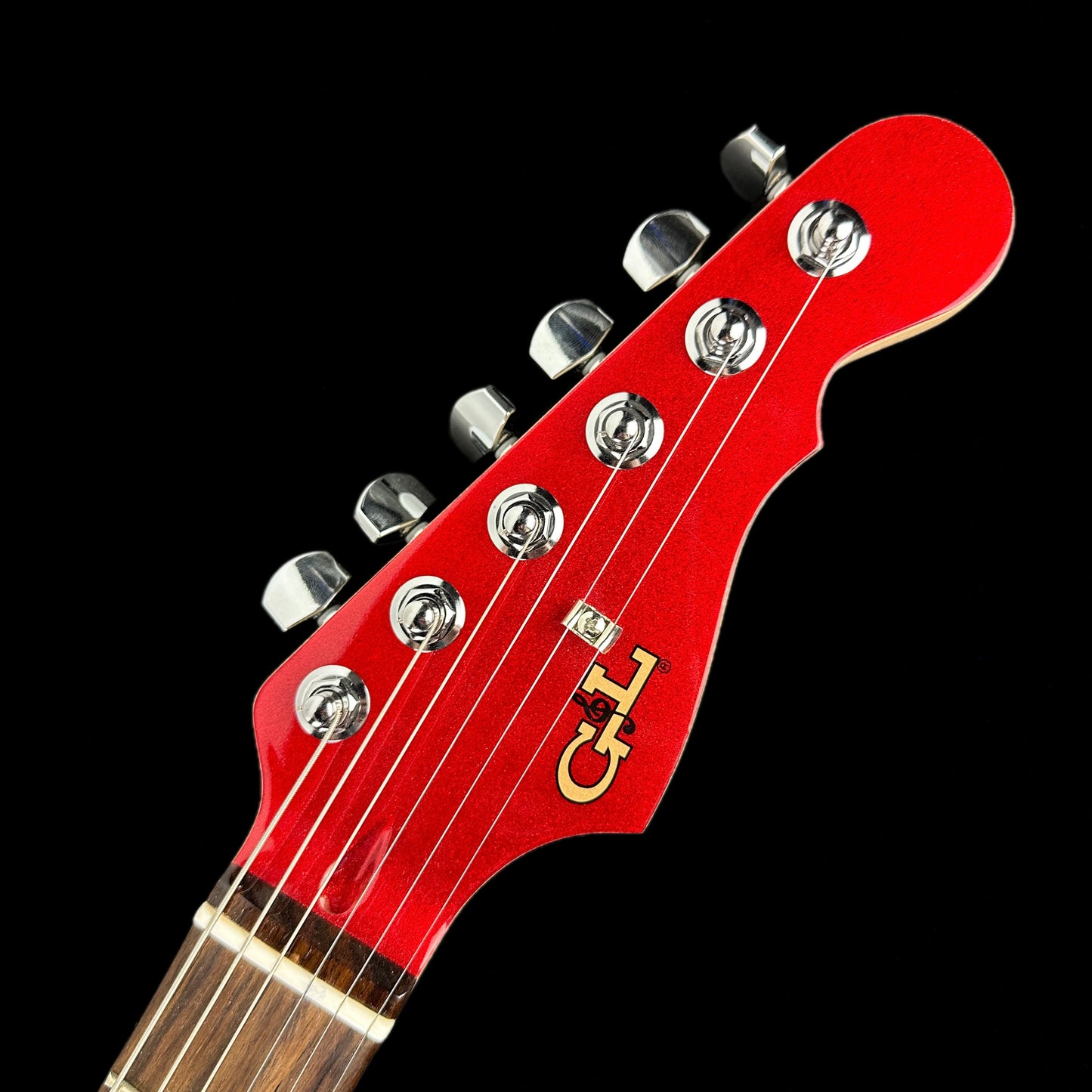 Headstock of G&L USA Legacy HH RMC Empress Candy Apple Red Metallic Matching Headstock.