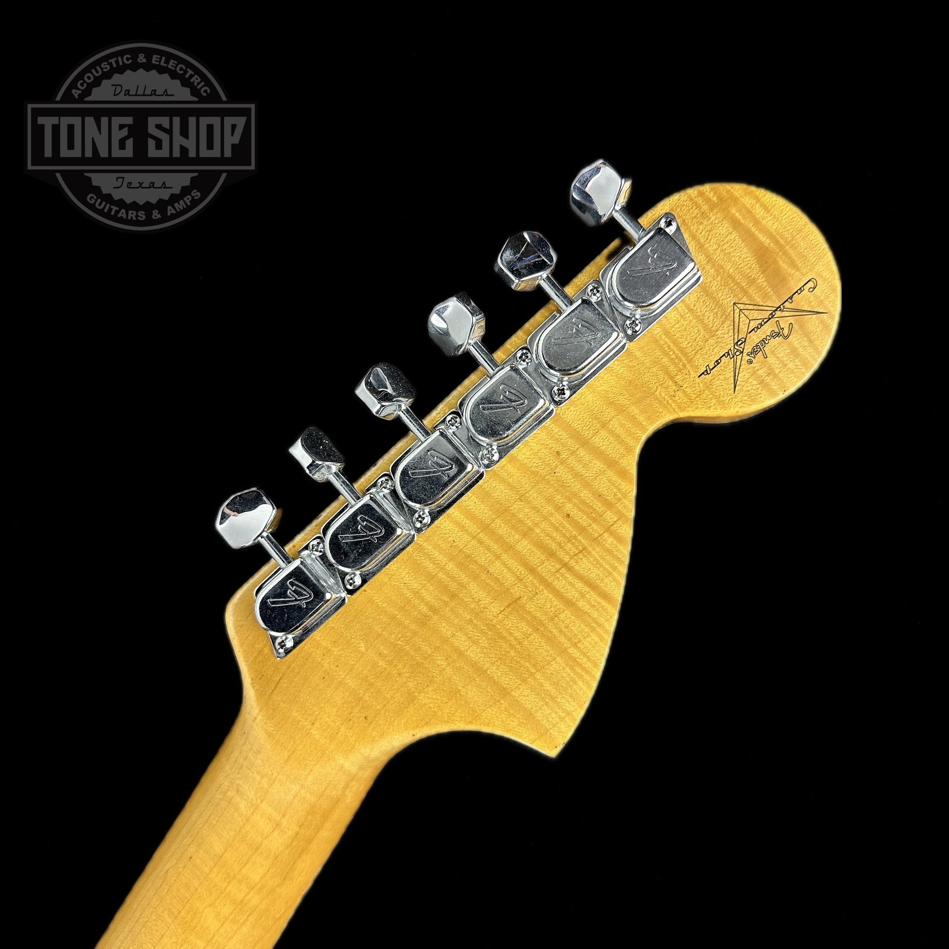 Back of headstock of Fender Custom Shop 69 Stratocaster Relic HSS Shell Pink Reverse Headstock.