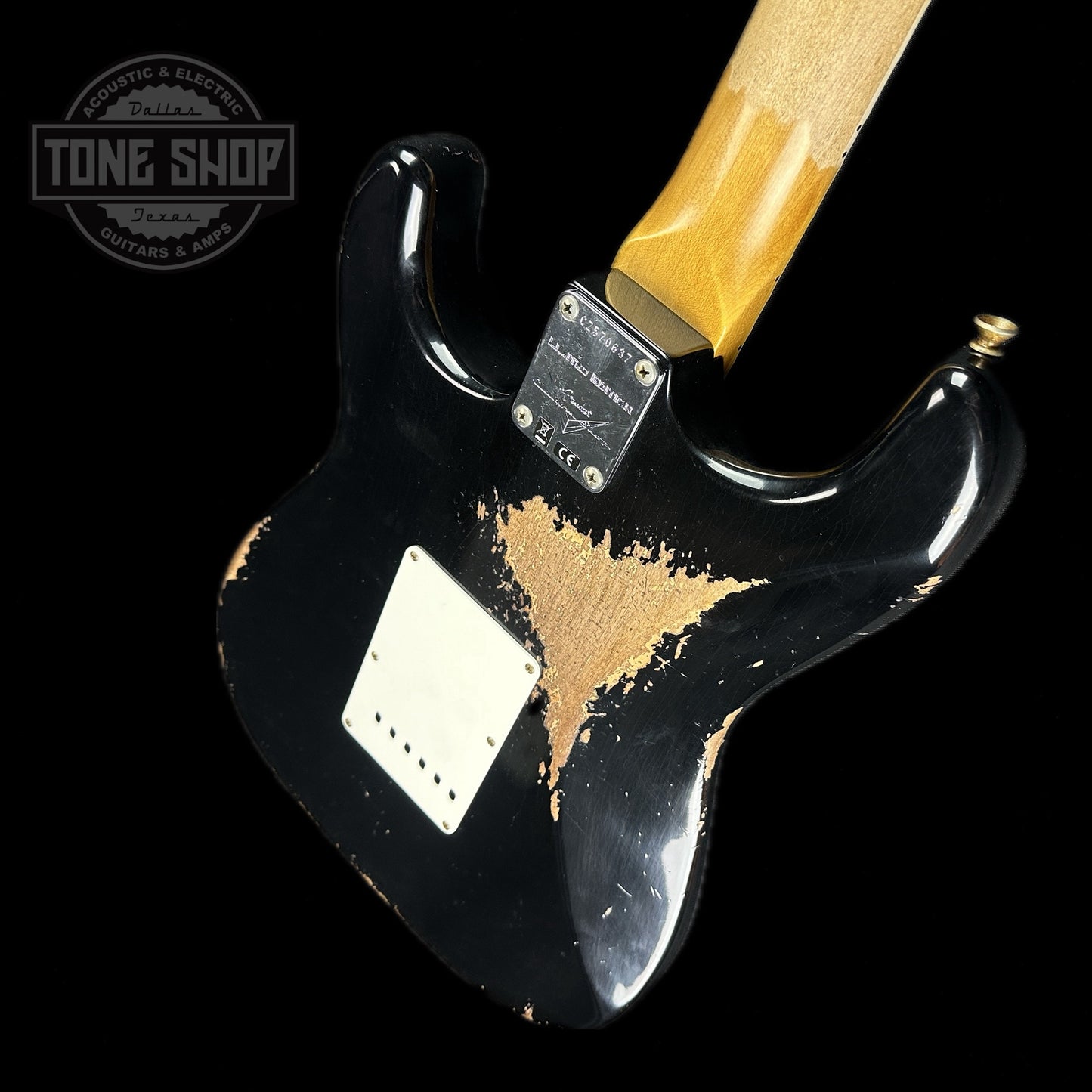 Back angle of Fender Custom Shop Limited Edition '67 Hss Strat Heavy Relic Aged Black.