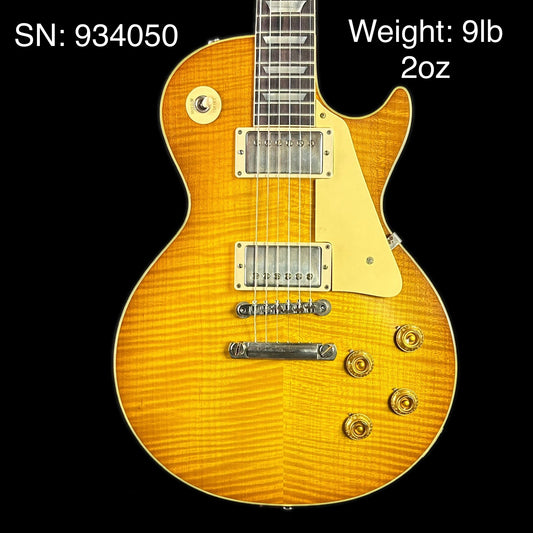 Front of body of Gibson Custom Shop M2M 1959 Les Paul Standard Golden Poppy Murphy Lab Ultra Light Aged serial 934050.