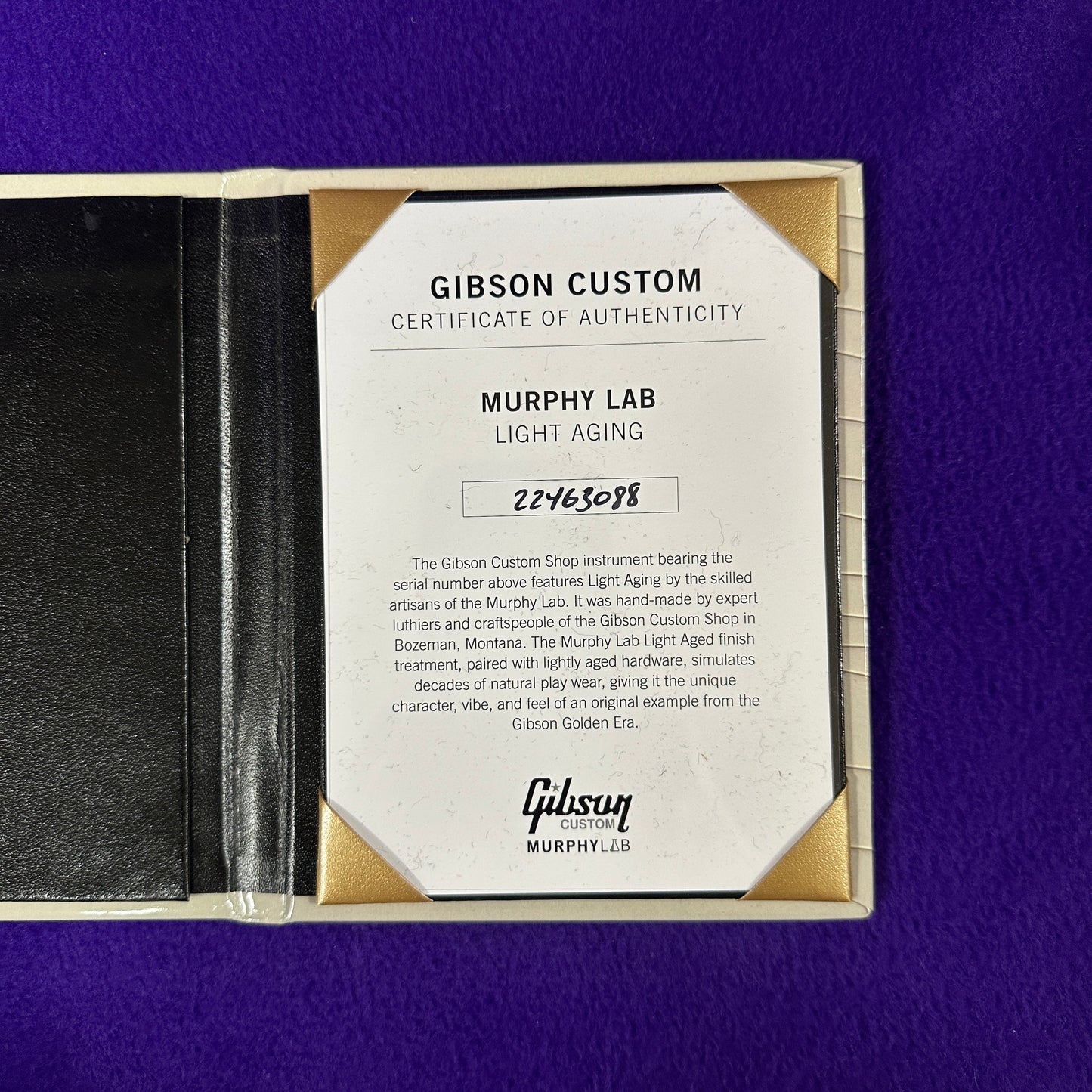 Certificate of authenticity for Used Gibson 1942 Banner J-45 Murphy Lab.