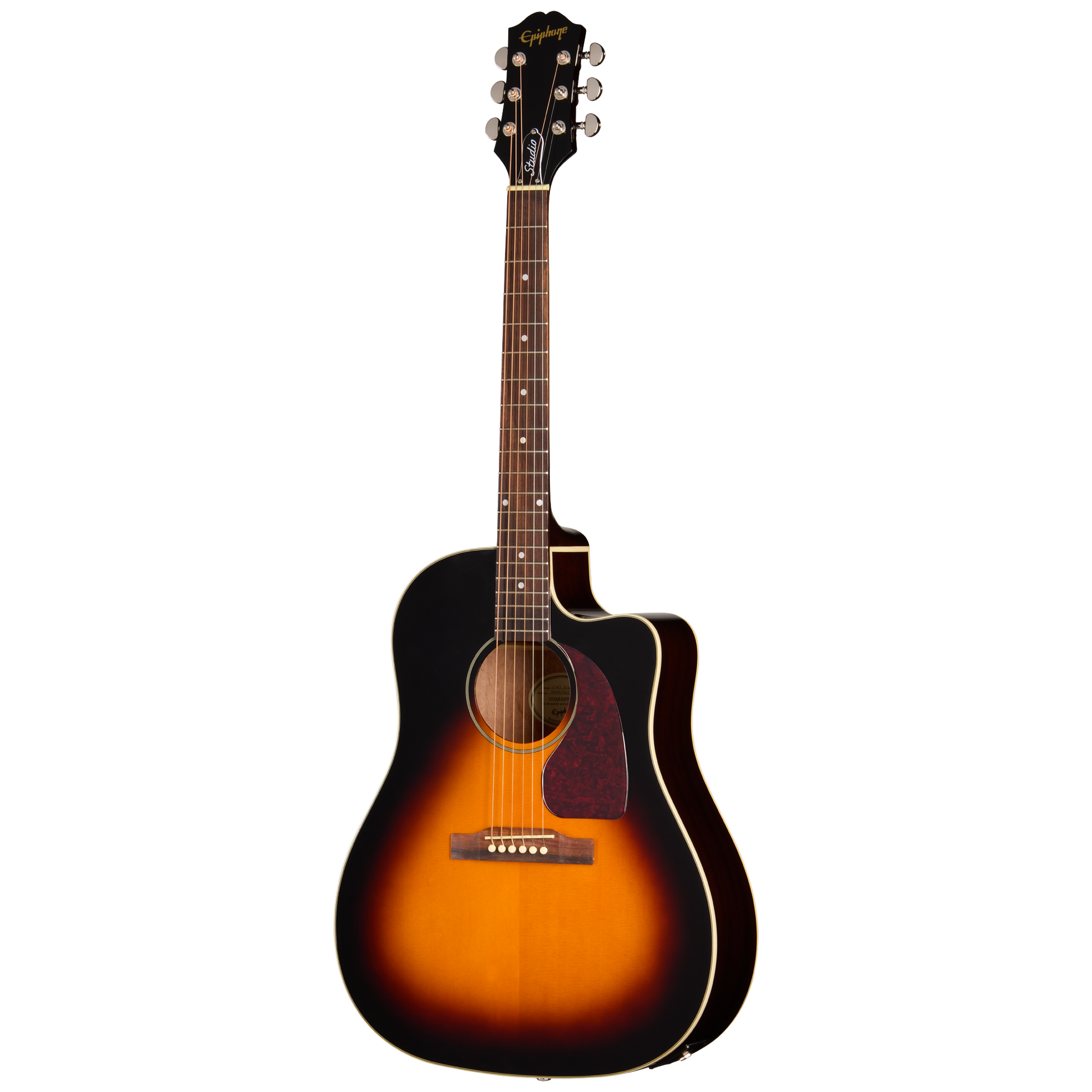 Full frontal of Epiphone J 45 Studio EC Vintage Sunburst.