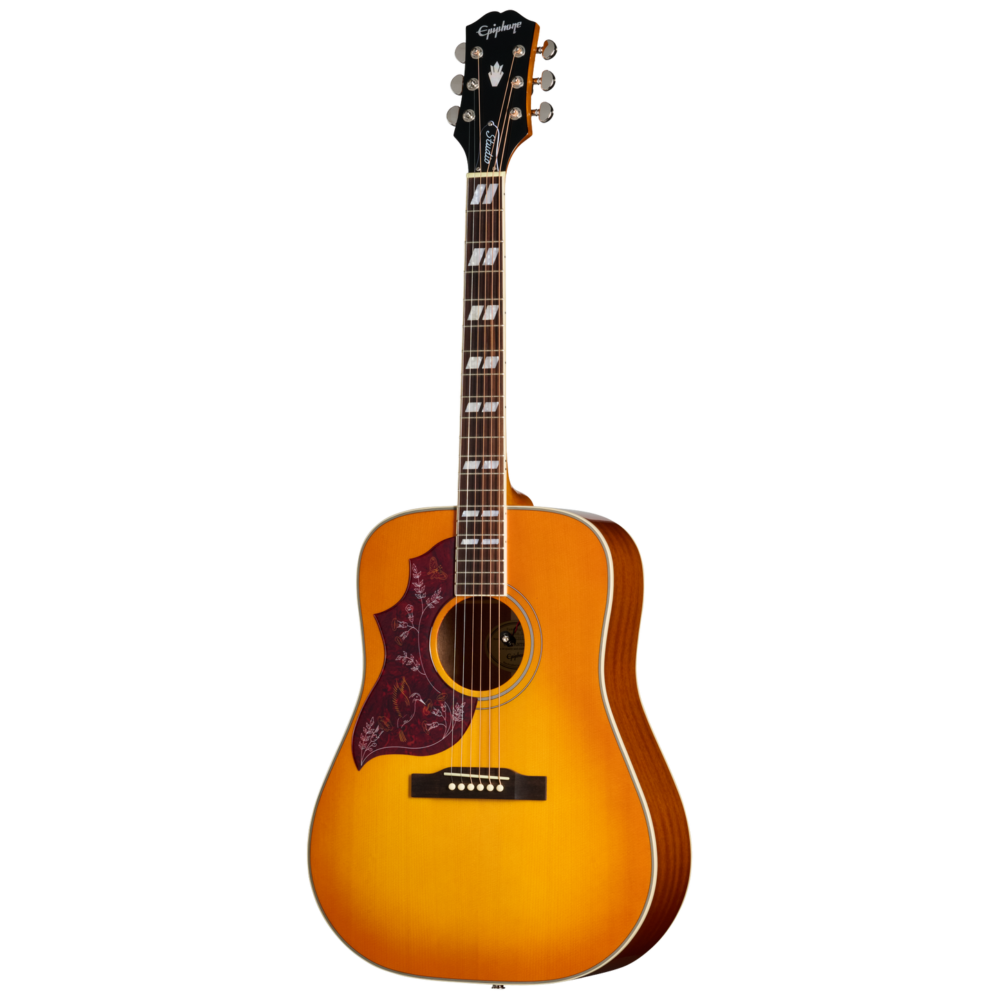 Full frontal of Epiphone Hummingbird Studio LH Heritage Cherry Sunburst.
