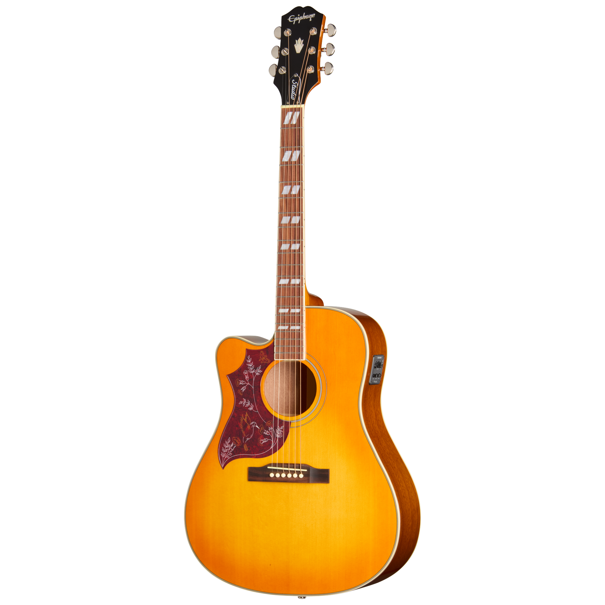 Full frontal of Epiphone Hummingbird Studio EC LH Heritage Cherry Sunburst.