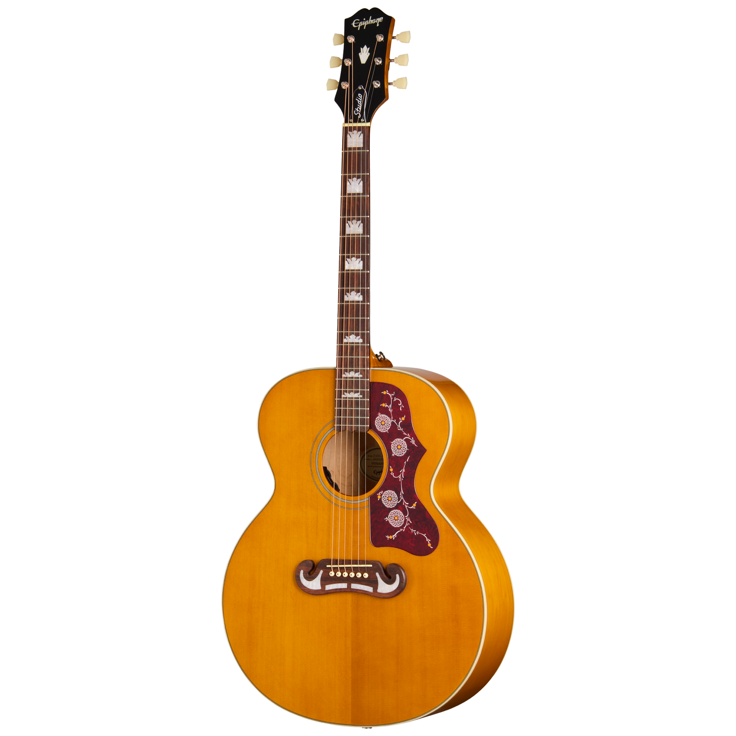 Full frontal of Epiphone J 200 Studio Natural.