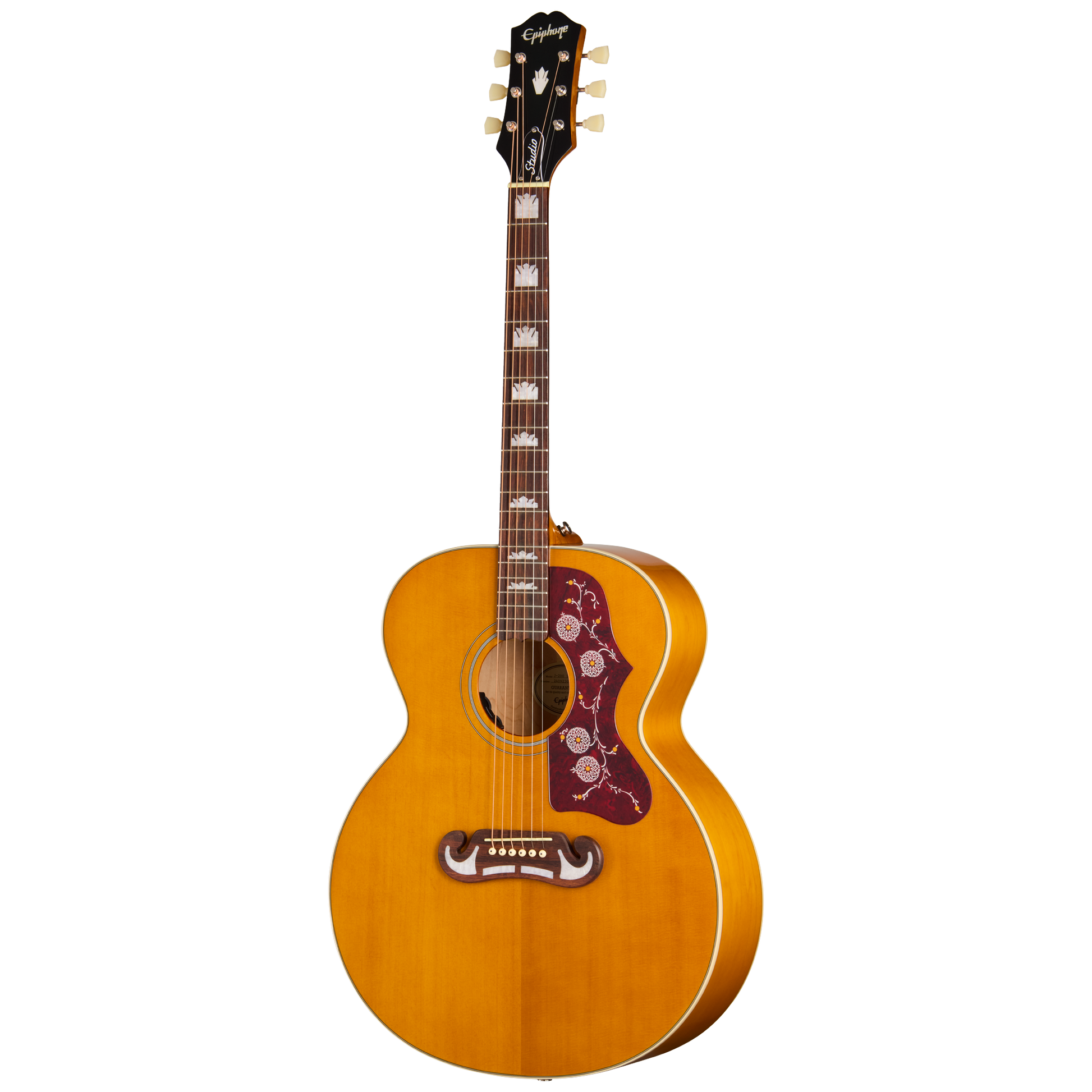 Full frontal of Epiphone J 200 Studio Natural.