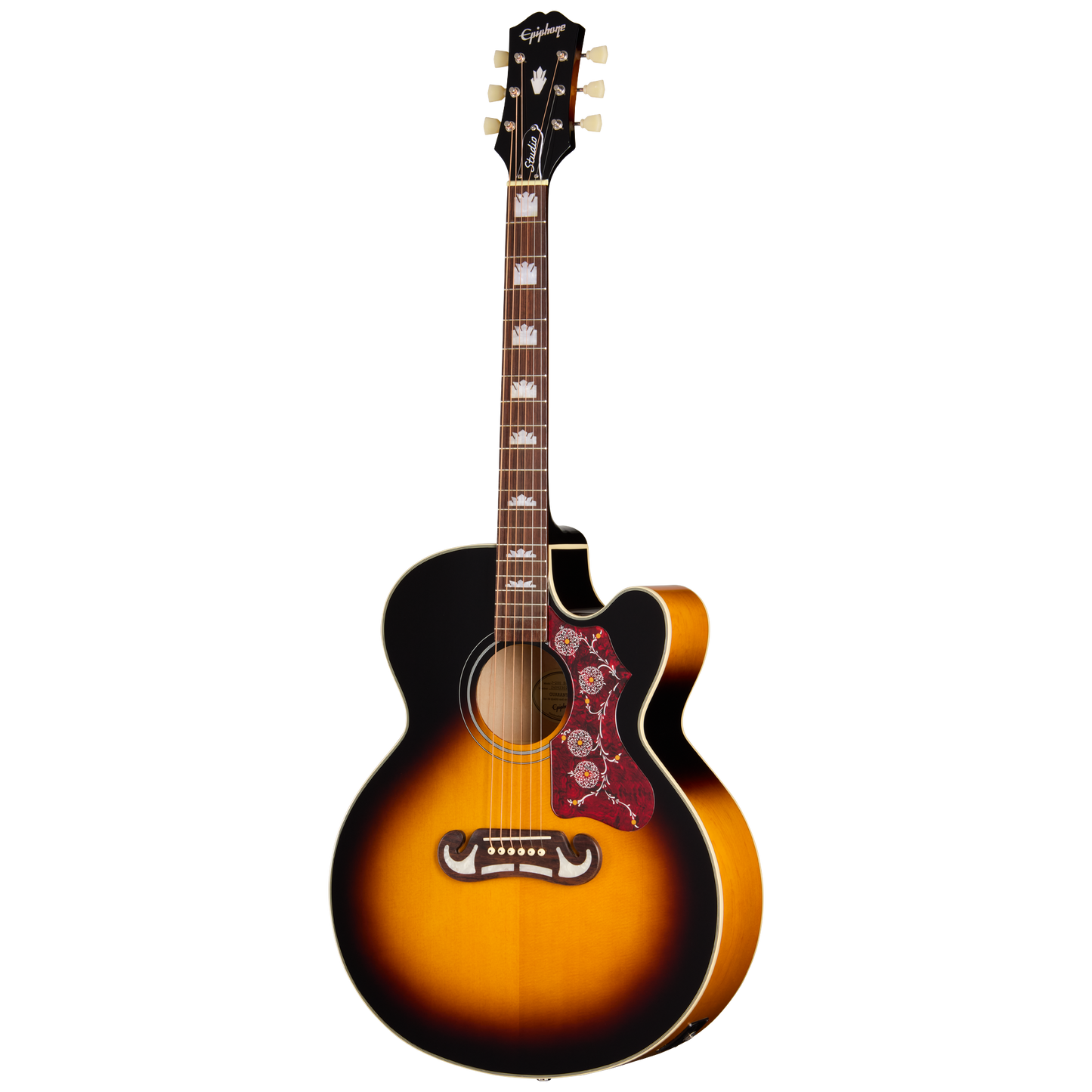 Full frontal of Epiphone J 200 Studio EC Vintage Sunburst.