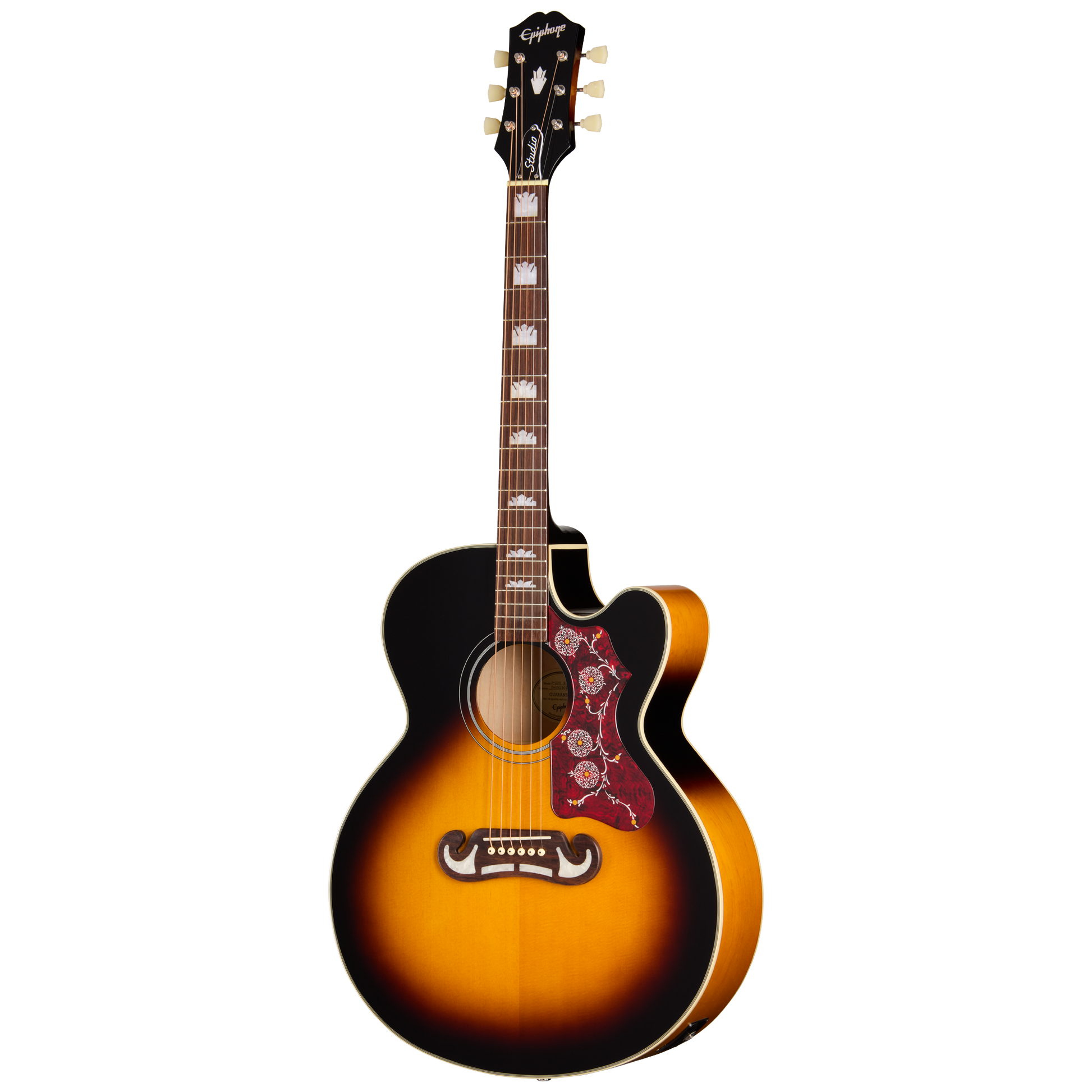 Full frontal of Epiphone J 200 Studio EC Vintage Sunburst.
