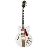Full frontal of Epiphone Inspired by Gibson Custom Alex Lifeson 1976 ES-355 Reissue Alpine White.