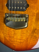Close up of pickups on the body of Used 2017 Ernie Ball Music Man BFR John Petrucci Majesty Island Burst Koa.