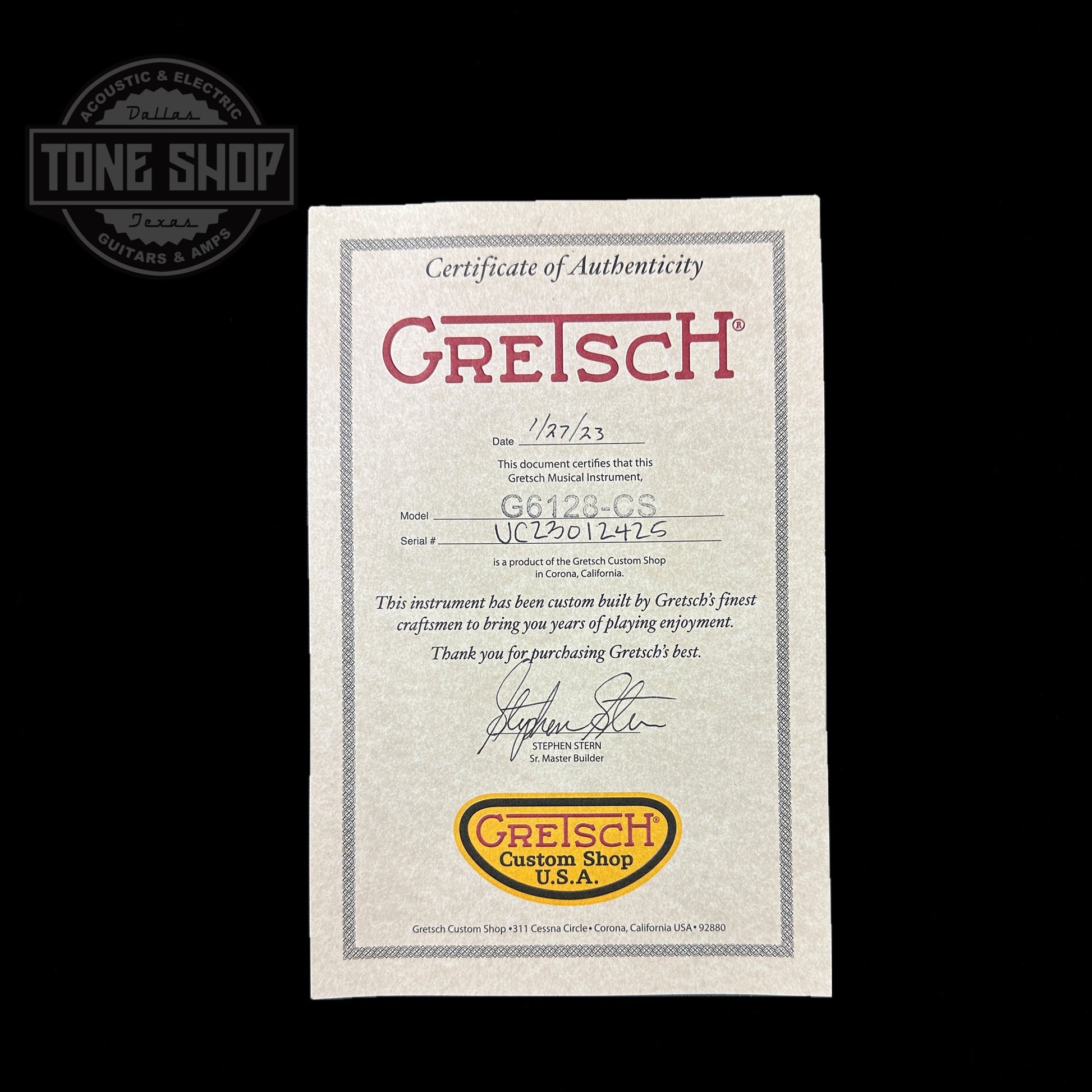 Certificate of authenticity for Used 2023 Gretsch Custom Shop Stephen Stern Masterbilt G6128-59 Heavy Relic Black.