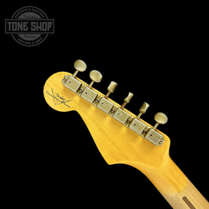 Back of headstock of Fender 1956 Stratocaster Journeyman Relic Maple Neck Aged Black.