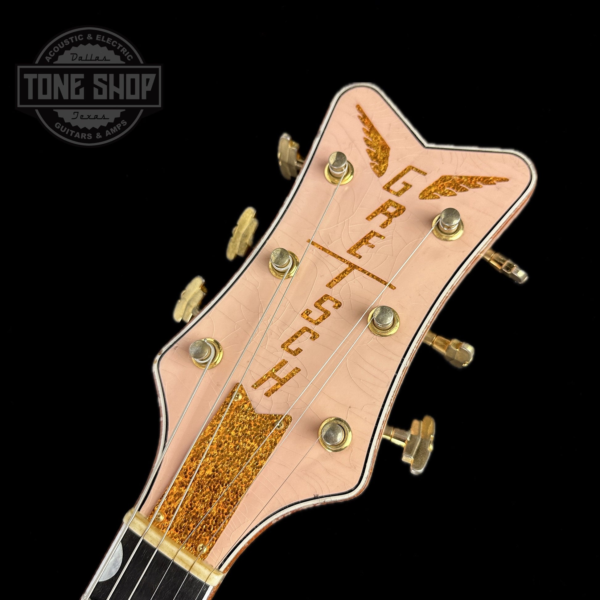 Front of headstock of Gretsch Custom Shop G6134-59 Penguin Relic Shell Pink Masterbuilt By Gonzalo Madrigal.