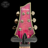 Headstock of Used 2020 Schecter Omen Extreme Diamond Series Hot Pink Burst TSS7791.