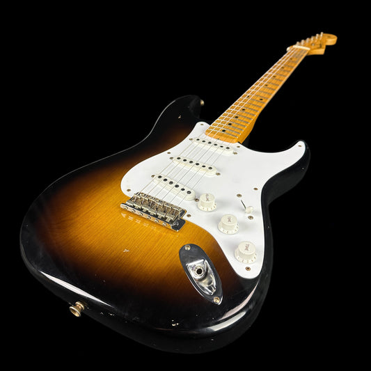 Front angle of Fender Custom Shop LTD 70th Anniversary 1954 Stratocaster Journeyman Relic 2-Color Sunburst.