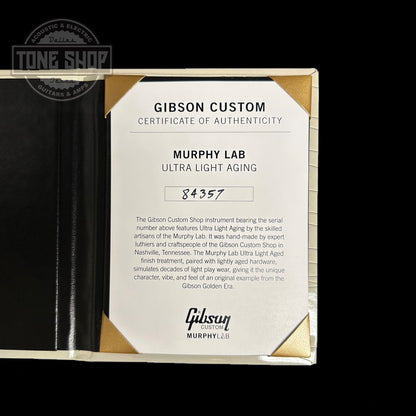 Certificate of authenticity for Gibson Custom Shop M2M 1958 Les Paul Junior Double Cut Ultra Light Aged Pelham Blue.