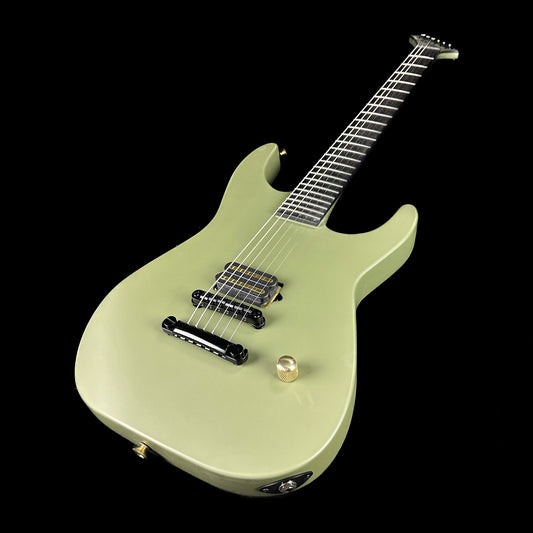 Front angle of Jackson Custom Shop Limited Edition Soloist Nos Satin Olive Drab Green.