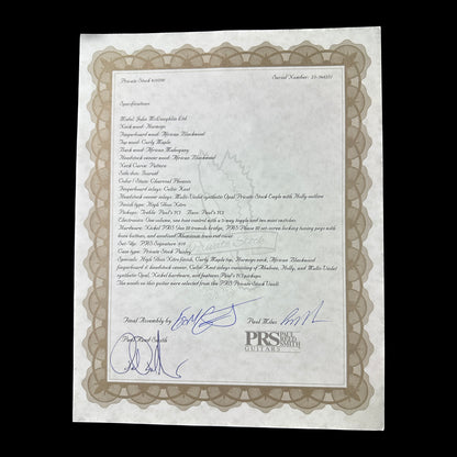 Certificate of authenticity for PRS Private Stock John McLaughlin Limited Edition.
