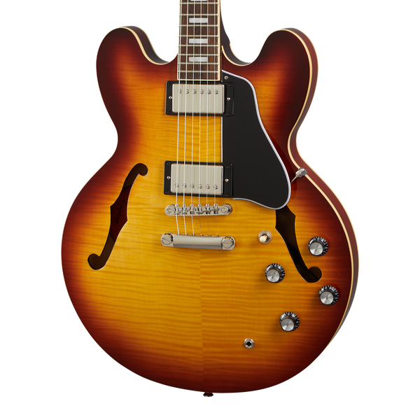 Front of Epiphone ES-335 Figured Raspberry Tea Burst.