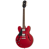 Full frontal of Epiphone ES-335 Left Handed Cherry.