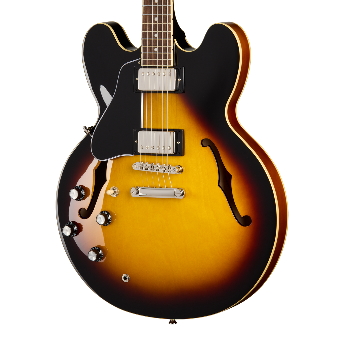 Front of Epiphone ES-335 Left Handed Vintage Sunburst.