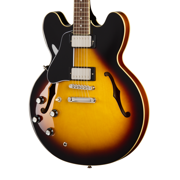 Front of Epiphone ES-335 Left Handed Vintage Sunburst.