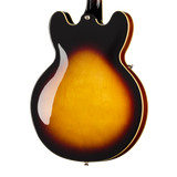 Back of body of Epiphone ES-335 Left Handed Vintage Sunburst.