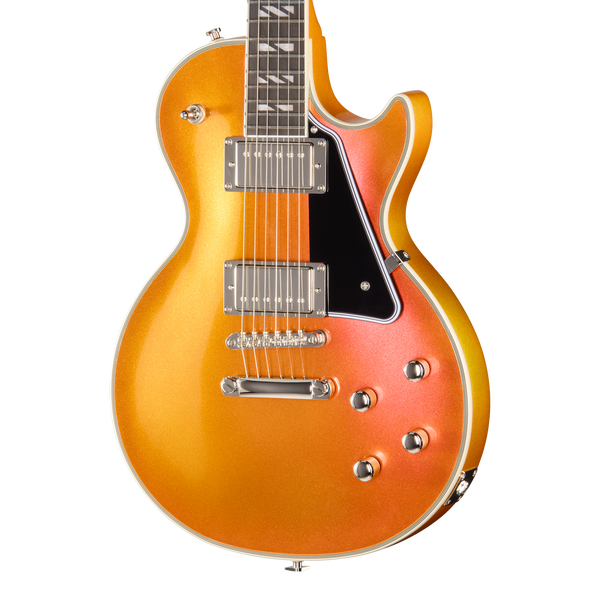 Orange electric guitar on a white background