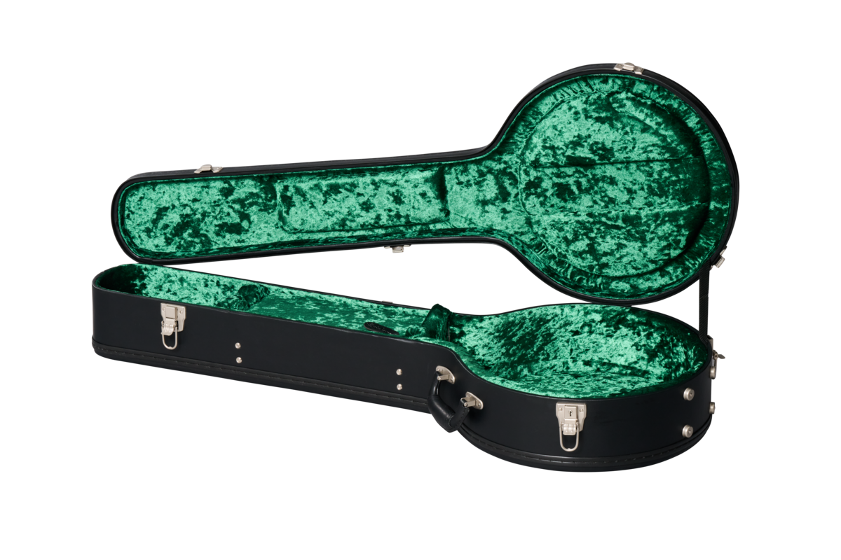 Open case for Epiphone Earl Scruggs Golden Deluxe Banjo Natural.