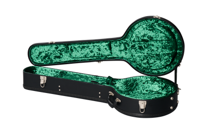 Open case for Epiphone Earl Scruggs Golden Deluxe Banjo Natural.