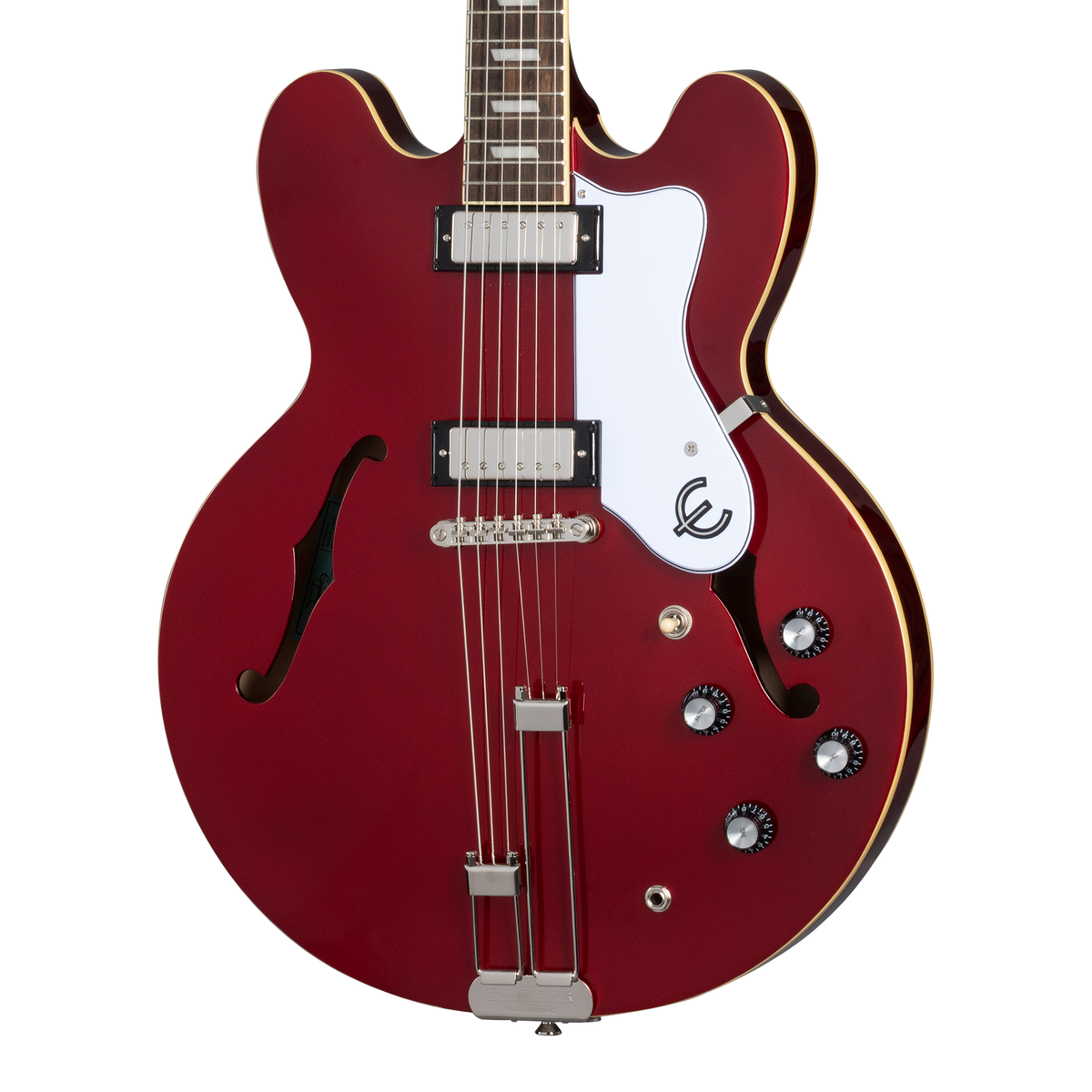 Front of Epiphone Riviera Sparkling Burgundy.