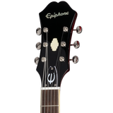Headstock of Epiphone Riviera Sparkling Burgundy.