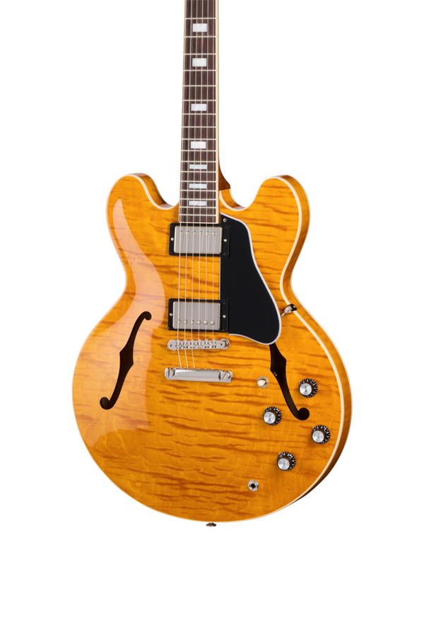Close up of front of Gibson USA ES-335 Figured Honey Amber w/case