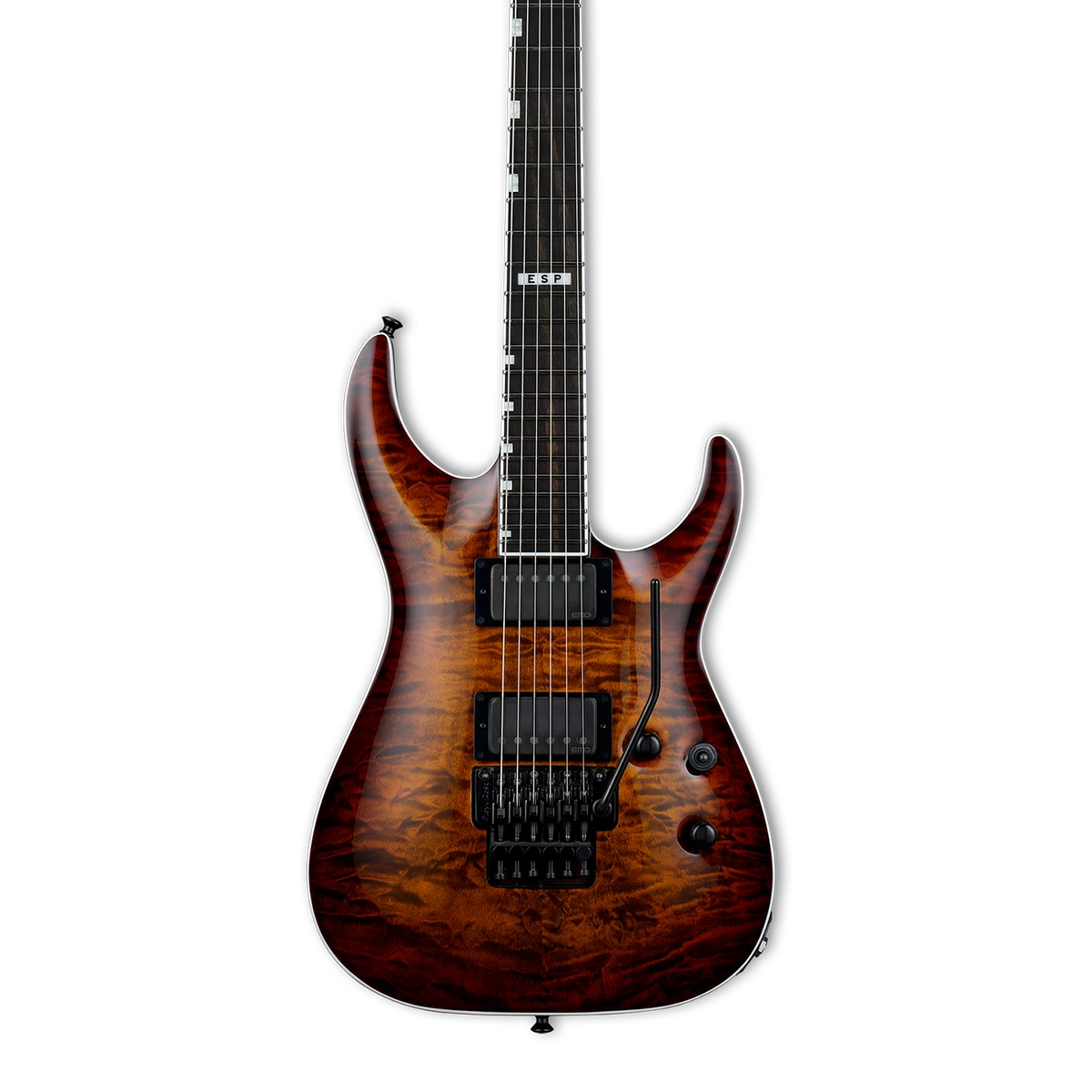 Front of ESP E-II Horizon FR-II Tiger Eye Sunburst.